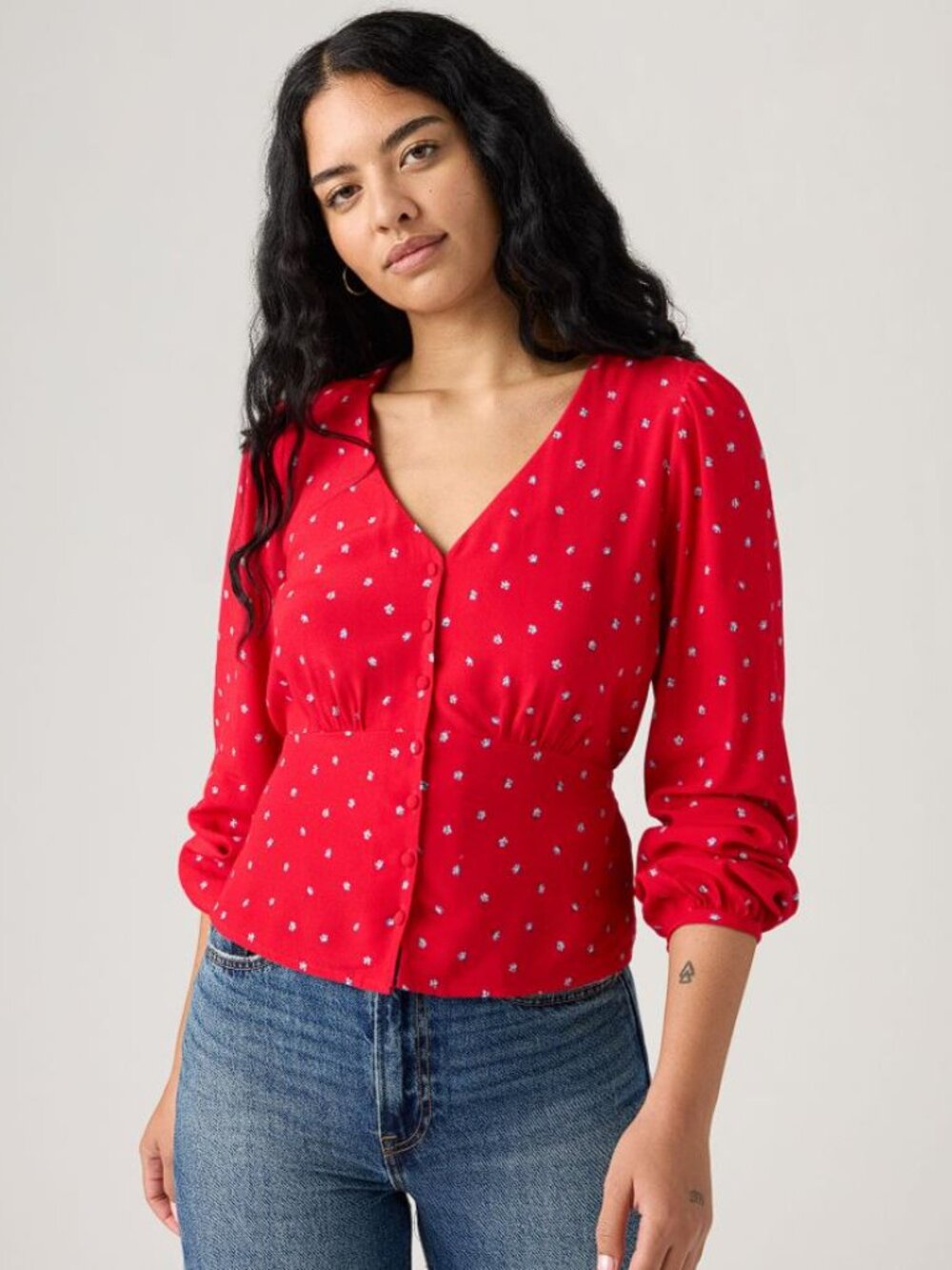LEVI'S Women's Dolores Long-Sleeve Blouse Size L in Cara Ditsy Floral Red